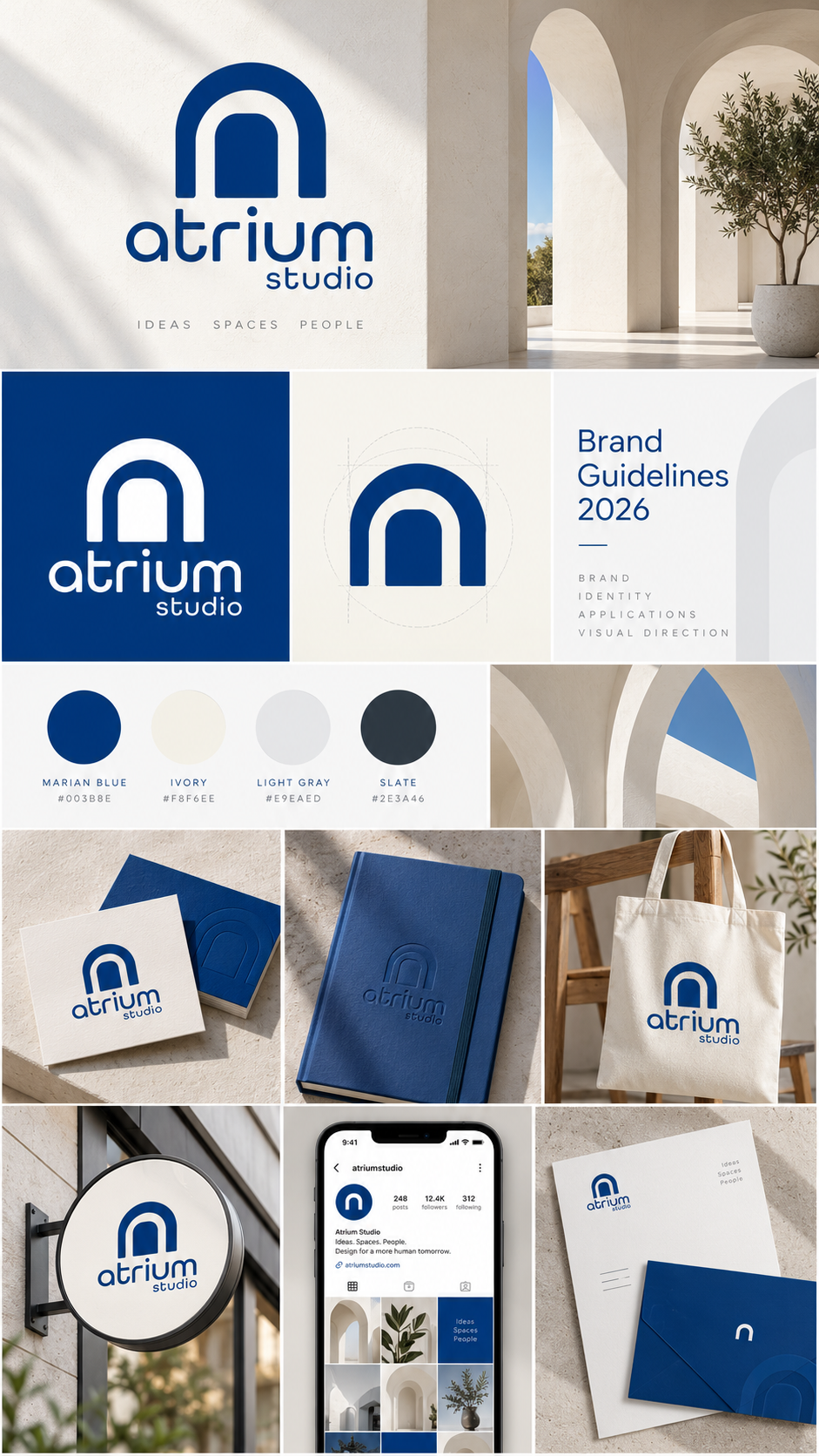 Painel conceitual de identidade da Atrium Studio